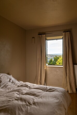 A bedroom with a single bed, a window with curtains, and a view of trees and hills. - AUBERGE DE MARIGNA (Marigna-sur-Valouse)