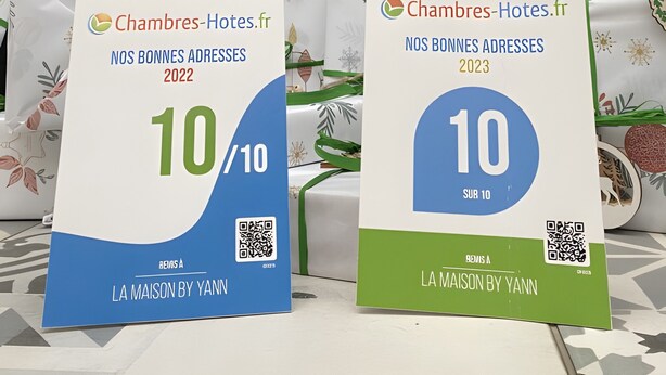 Two promotional signs for 'Chambres-Hotes.fr' with QR codes, placed in front of wrapped gifts and a decorative spherical structure. - Guest Room in the Heart of Cognac – la maisonbyyann, Room 3 (Cognac)