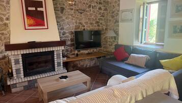 Una televisión, una chimenea