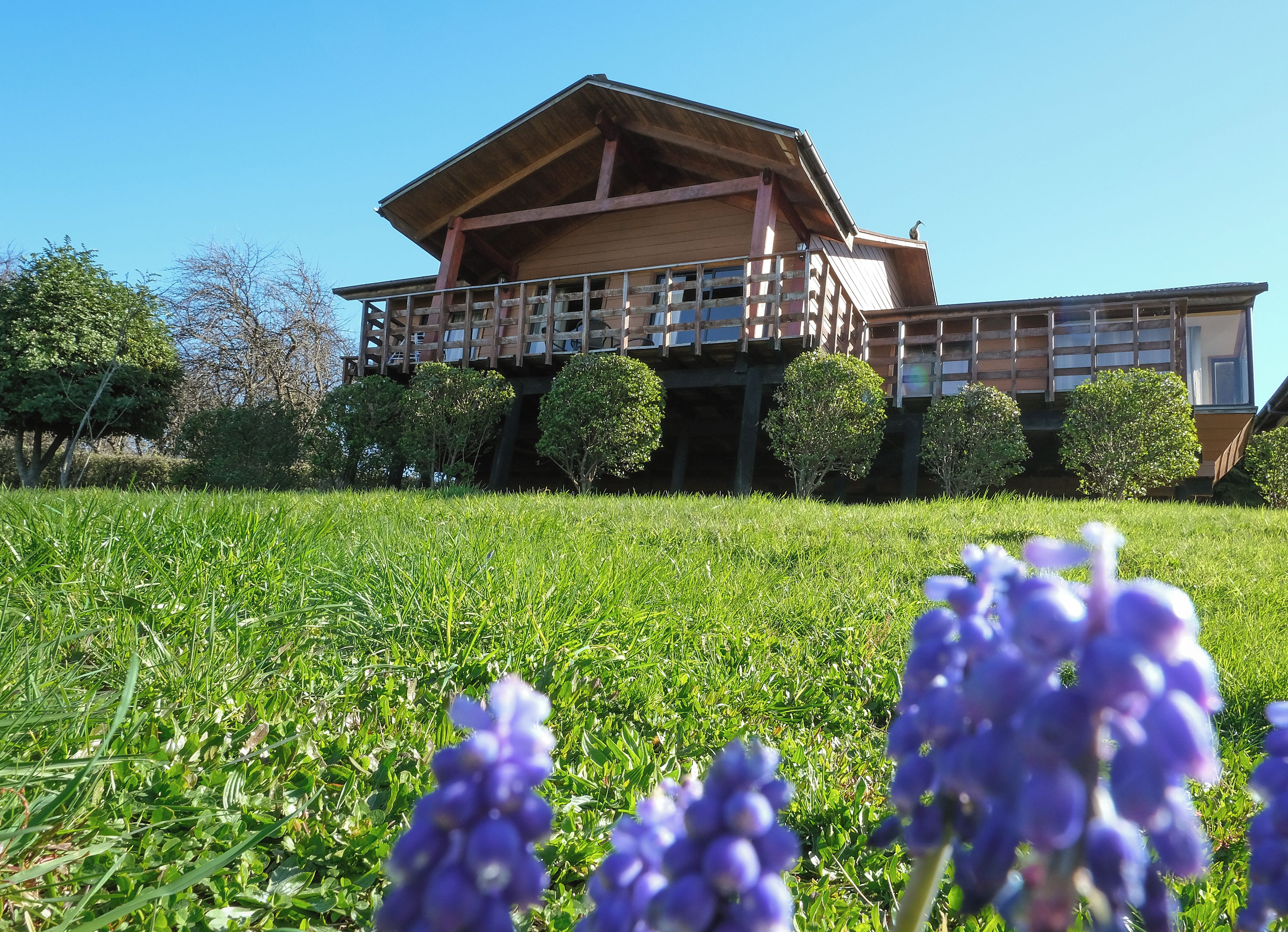 A wooden building with a balcony, surrounded by a grassy field and trees.