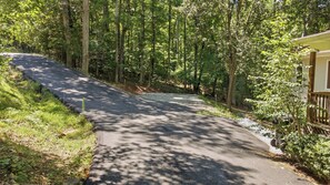 Eine kurvenreiche Straße durch ein bewaldetes Gebiet, rechts davon ein Haus.