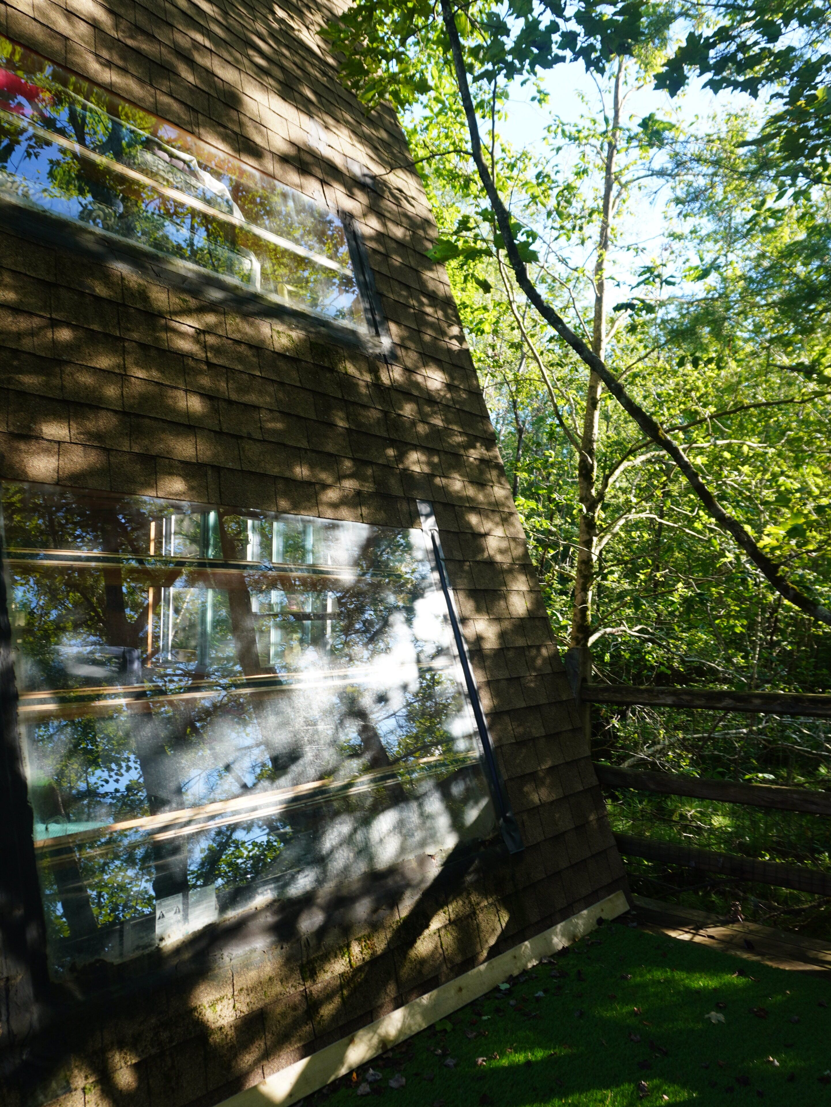 A building with a sloped roof and large windows reflecting trees and sky.