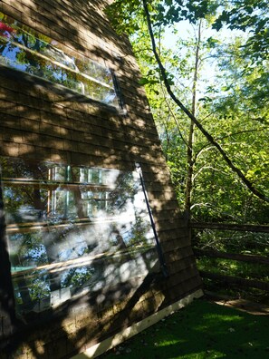 A building with a sloped roof and large windows reflecting trees and sky. - Lovely 3-bedroom cottage with a 3-level treehouse (Woodbourne)