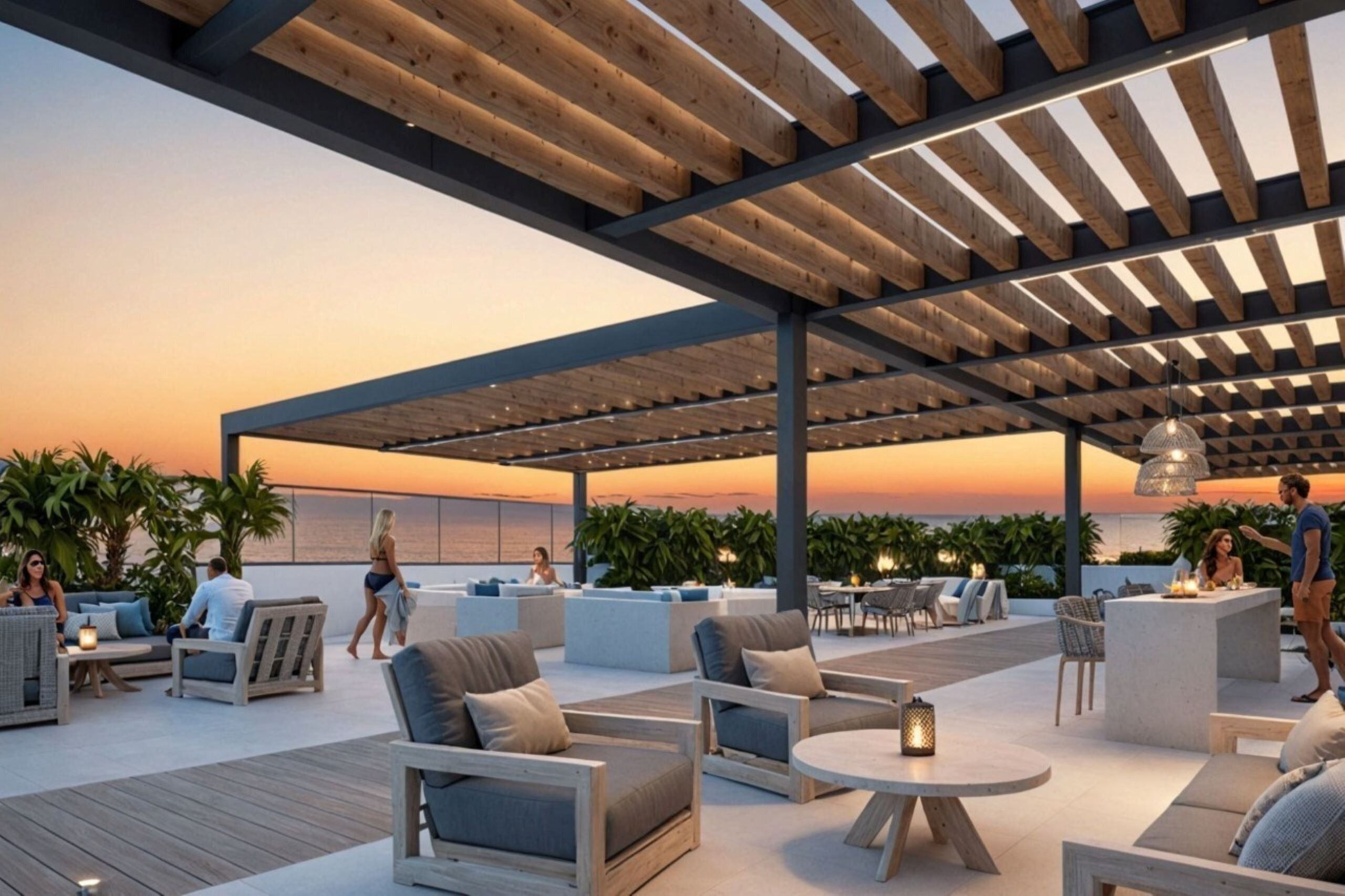 An outdoor patio area with wooden pergolas, seating arrangements, and a view of the ocean at sunset.