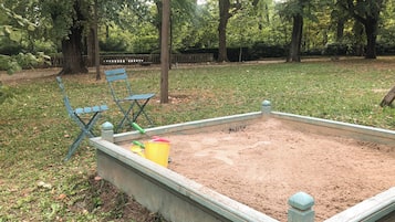 Ein Sandkasten mit Schaufel und Eimer, umgeben von Gras und Bäumen.