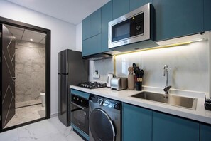 A modern kitchen with a built-in microwave, stainless steel appliances, and a dishwasher. - Modern Studio with Private Pool and Balcony (Dubai)