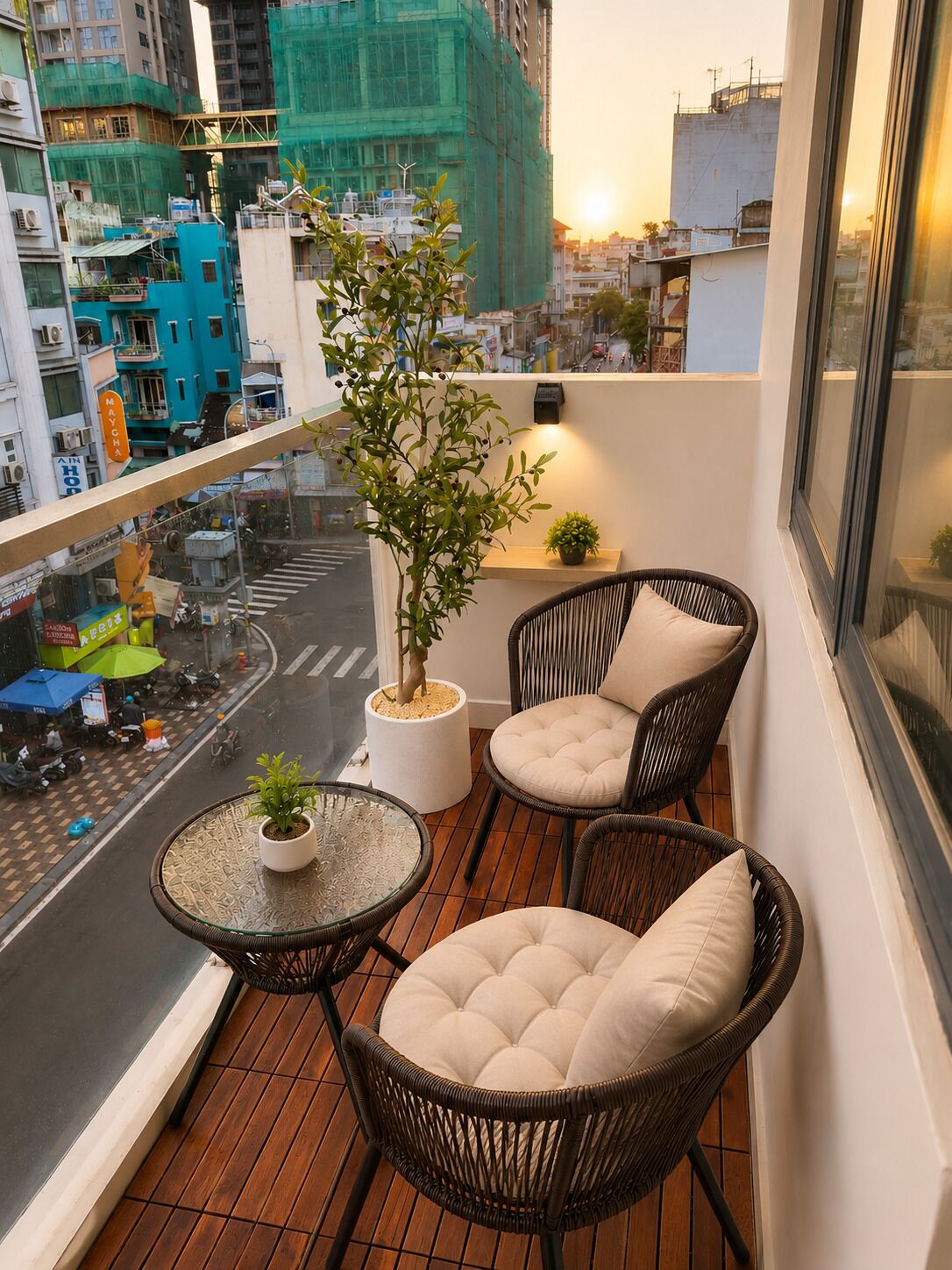 A balcony with wicker chairs and a small table, overlooking a city street with buildings and a clear sky.