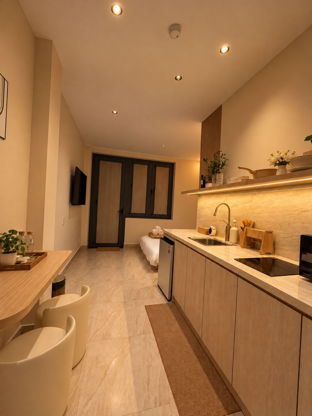 A modern kitchen with a built-in dishwasher, a sink, and a countertop with various kitchen items.
