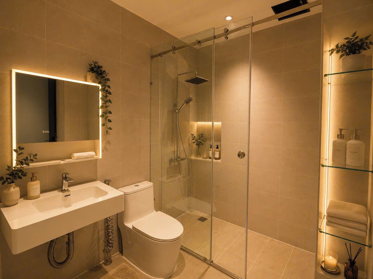 A modern bathroom with a glass-enclosed shower, a vanity with a mirror, and a toilet.
