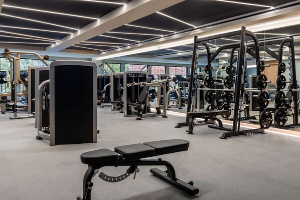 A modern gym with various exercise equipment, including weight machines and free weights.