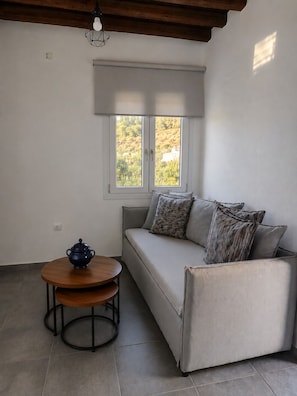Dúplex de lujo, vista al mar | Área de sala de estar | Smart TV de 43 pulgadas con canales digitales