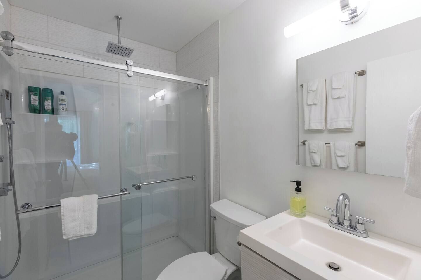Une salle de bain moderne avec une douche à parois de verre, un lavabo blanc avec un miroir et des toilettes.