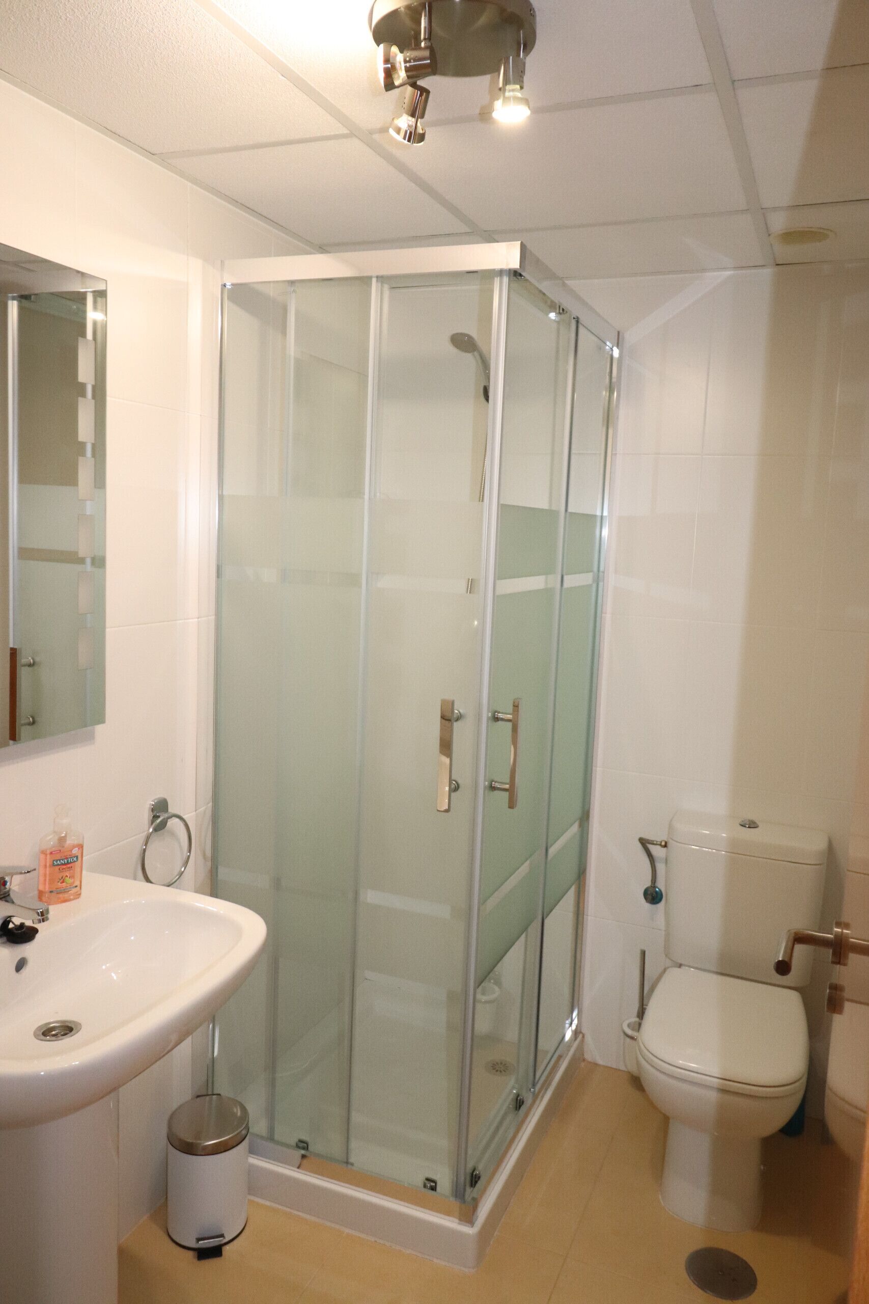 A bathroom with a glass-enclosed shower, a white sink, and a toilet.