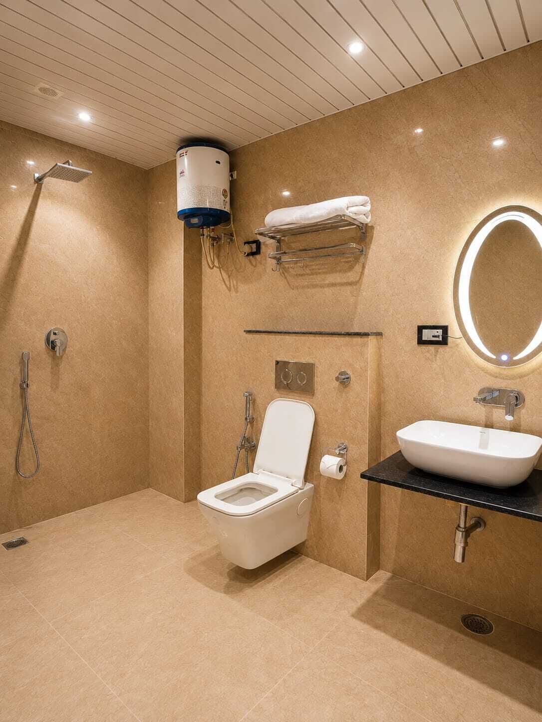 A modern bathroom with a toilet, sink, shower, and a towel rack.