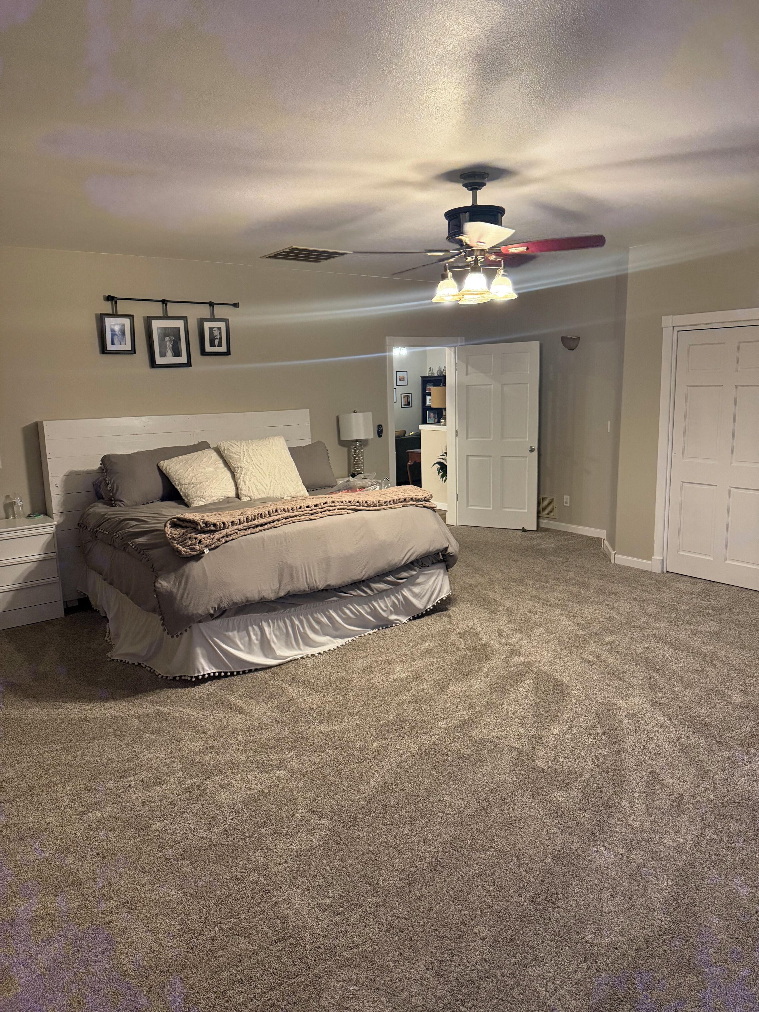 Une chambre à coucher avec un lit, un ventilateur de plafond et une porte.