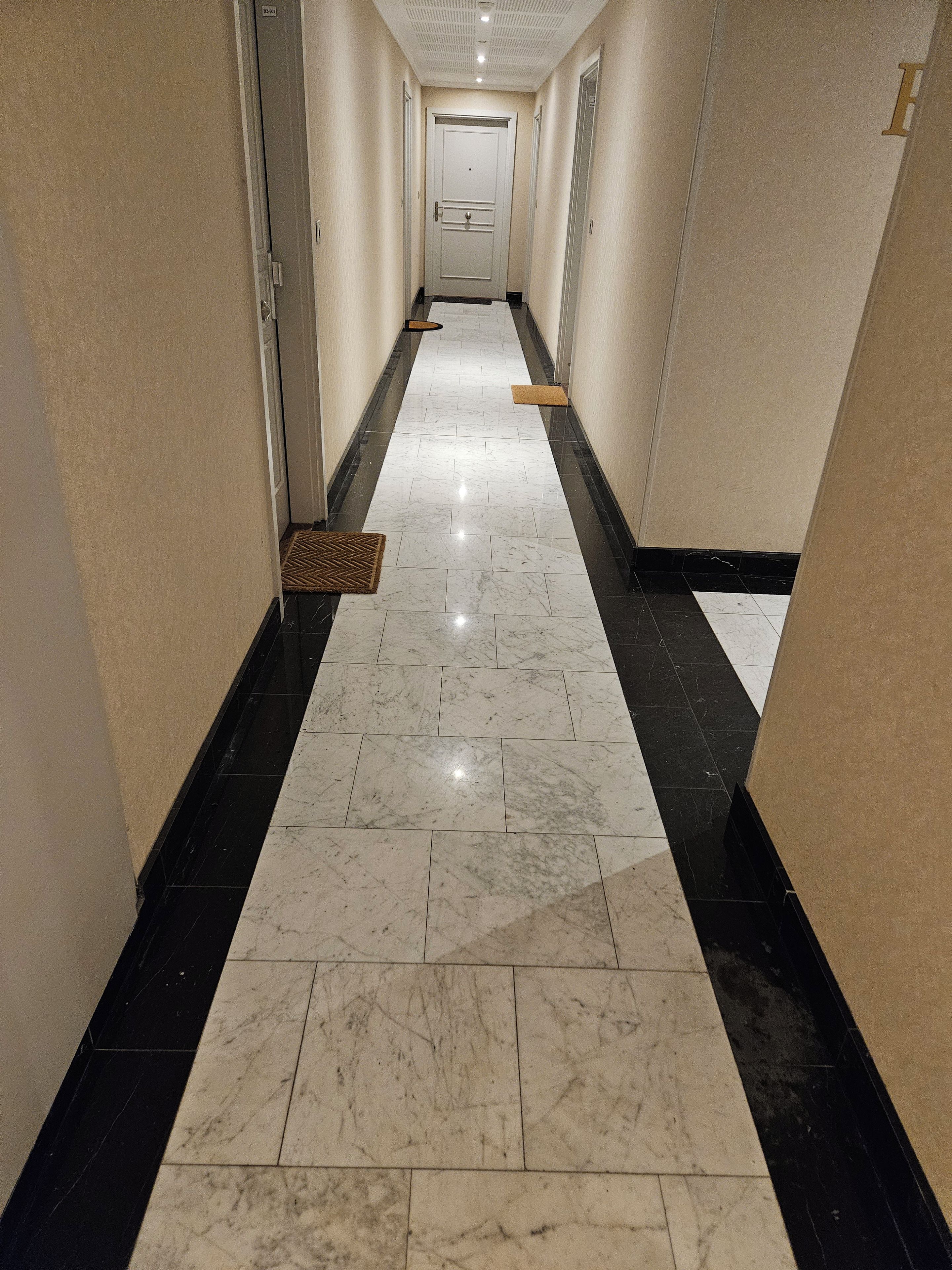 Corredor de hotel com piso de mármore, uma porta no fim e um tapete na entrada.
