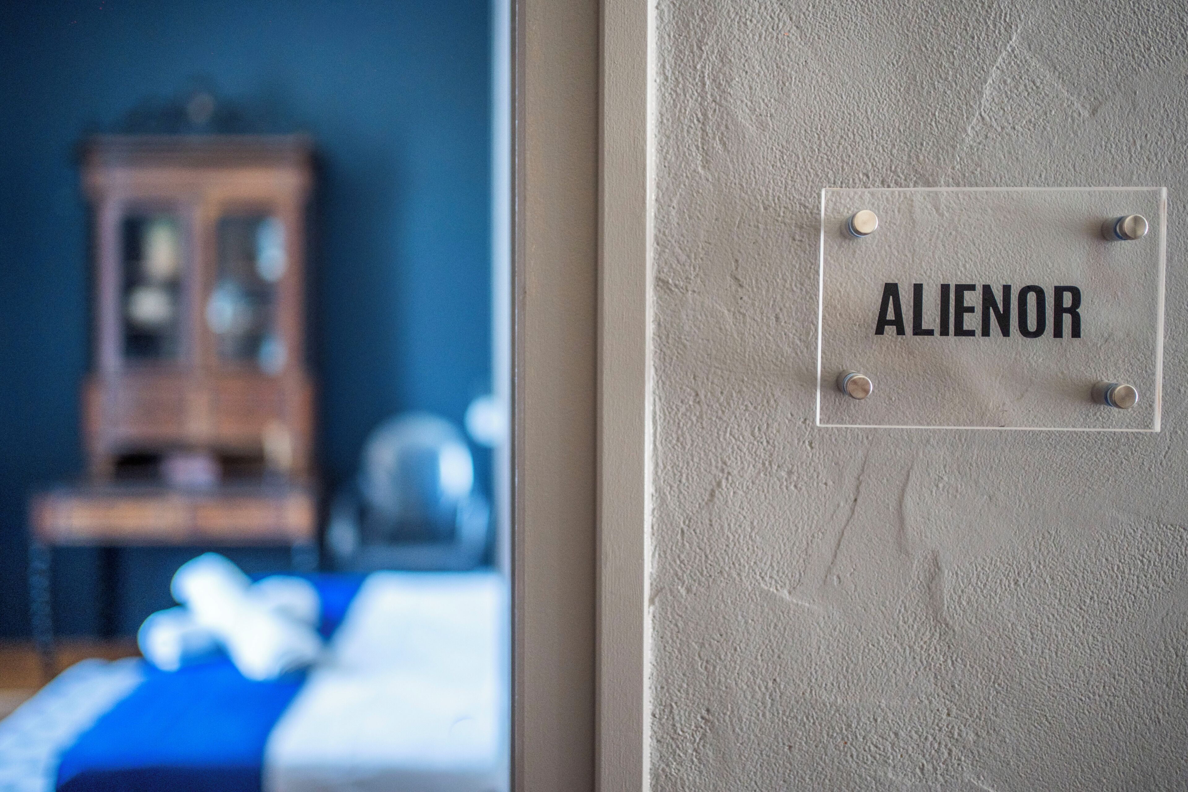 A wall with a sign labeled 'ALIENOR' and a wooden cabinet in the background.