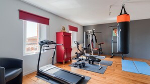 A home gym with a treadmill, stationary bike, elliptical, and a punching bag. - Maison Bacchus 31 (Buzet-sur-Tarn)
