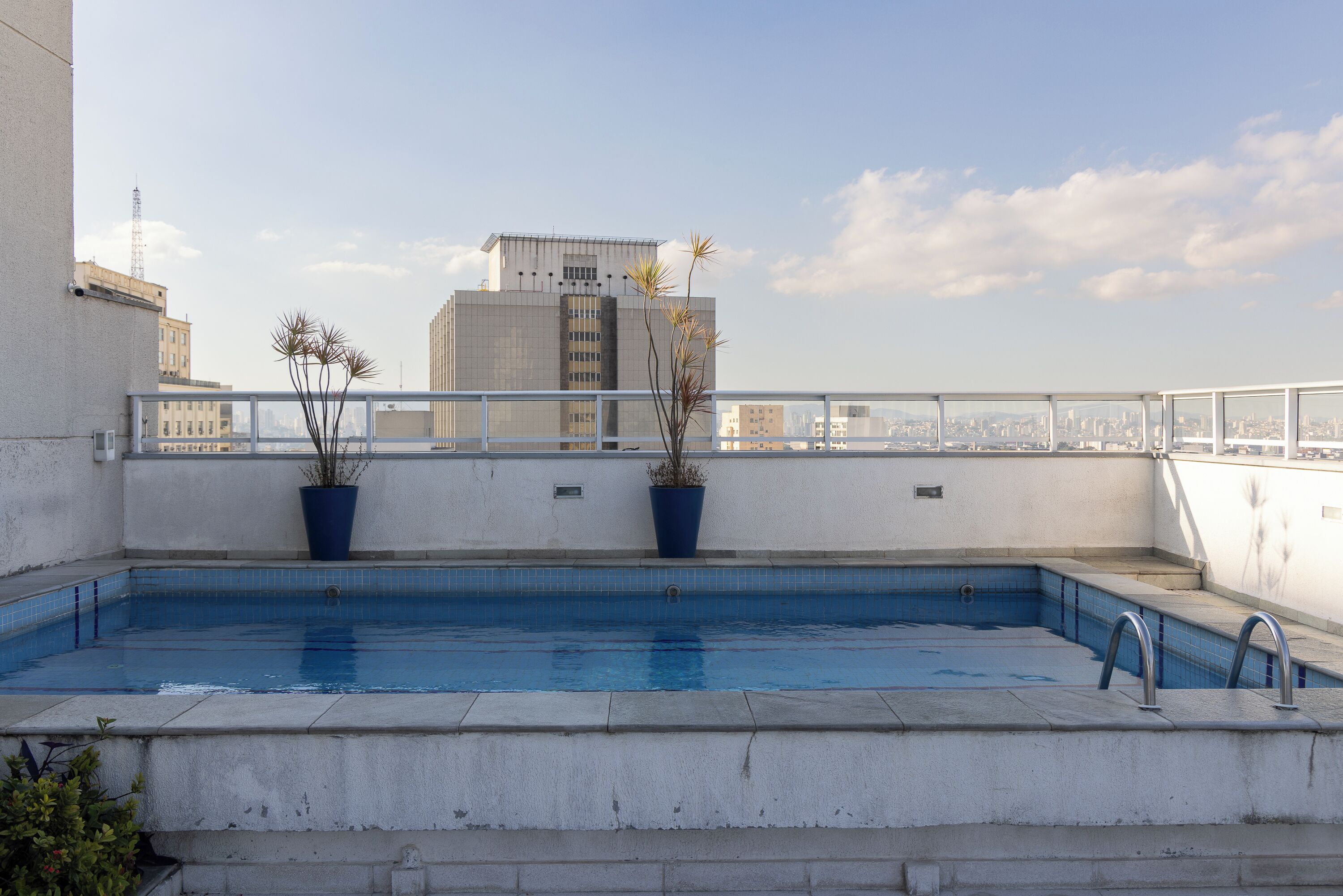 A rooftop pool with two potted plants, a metal railing, and a cityscape view in the background.