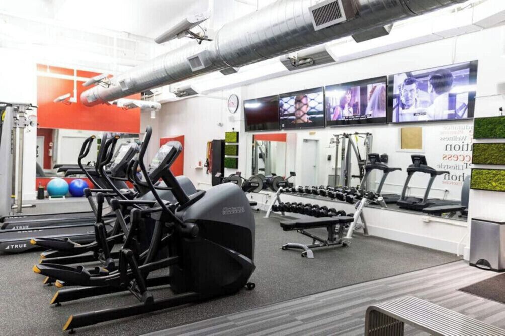 A gym with treadmills, elliptical machines, and weight benches.