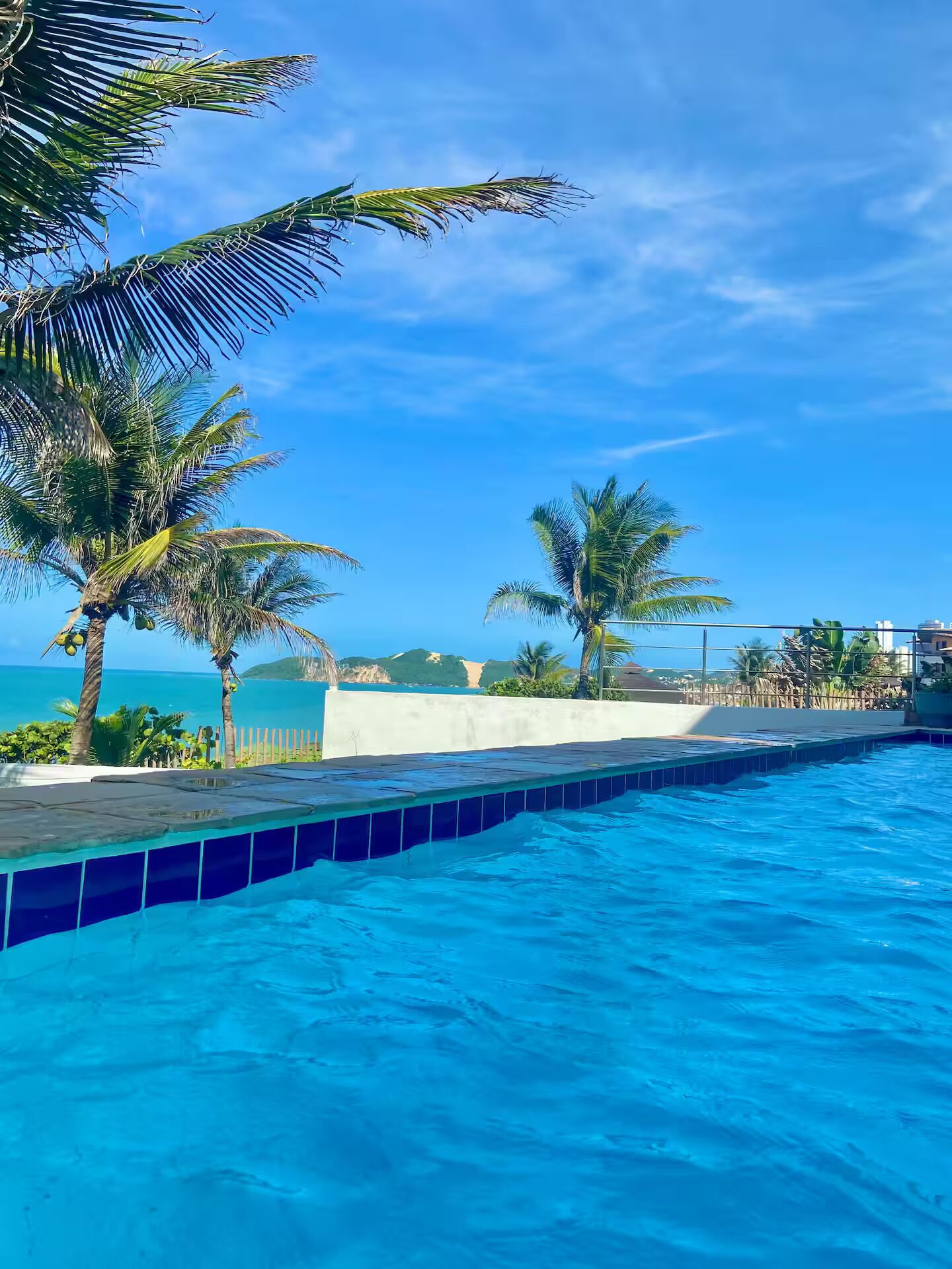 Una piscina con acqua cristallina e blu, circondata da palme e vista sull'oceano.