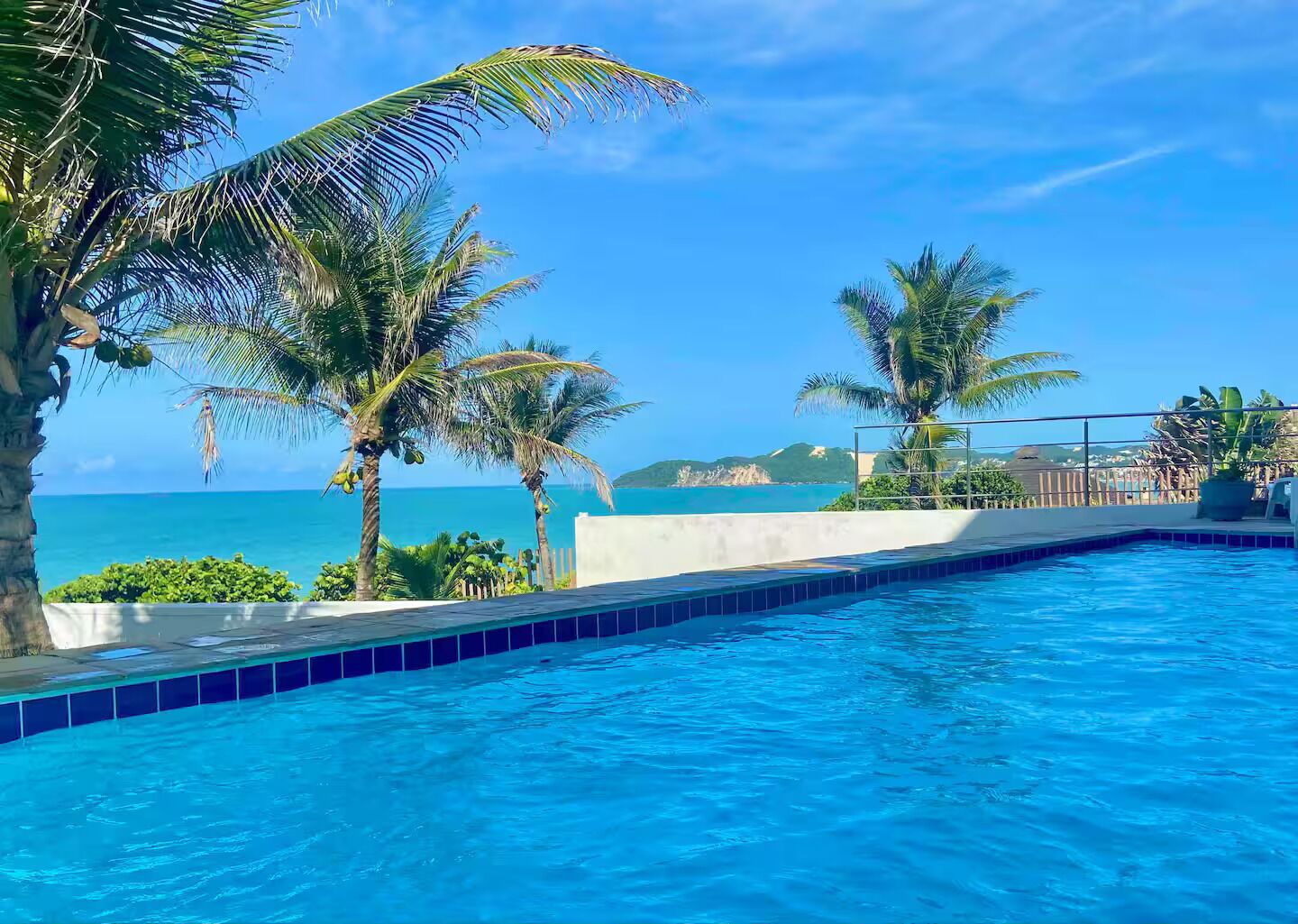A swimming pool with clear blue water, surrounded by palm trees and a view of the ocean.