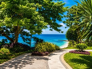 A paved pathway leading to a beach with lush greenery and a clear view of the ocean.