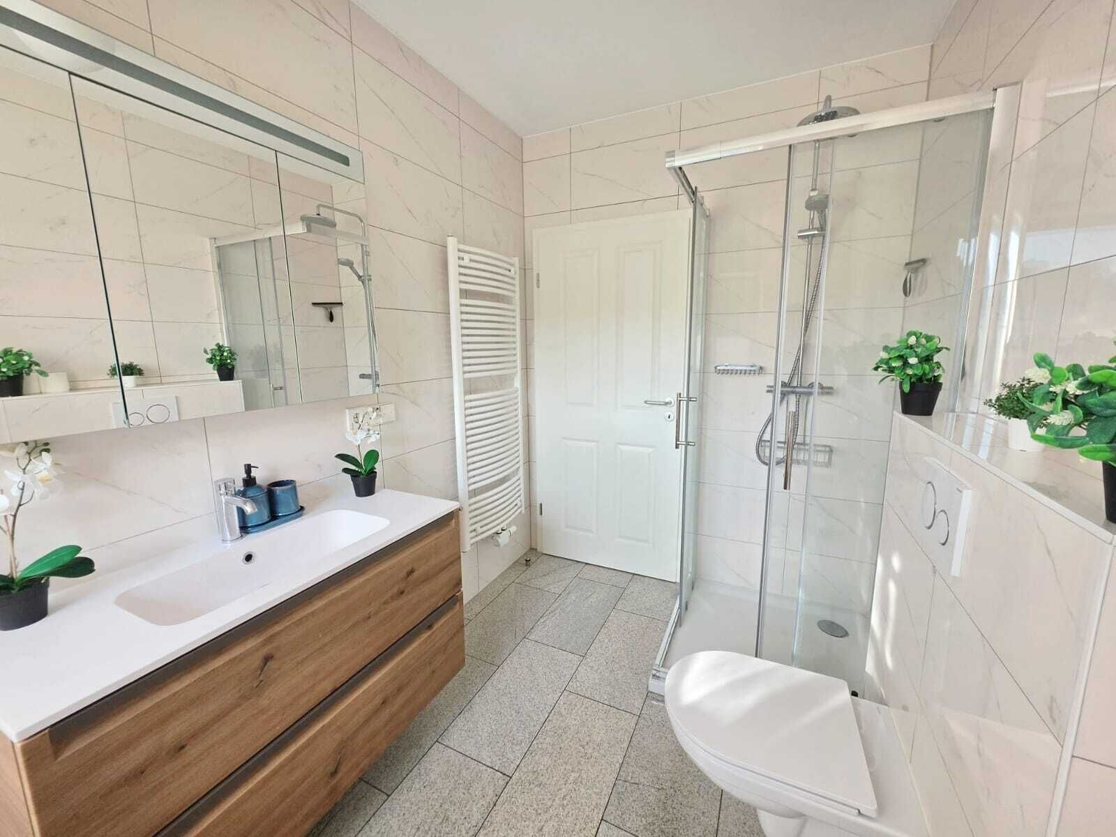 Ein modernes Badezimmer mit Dusche, Toilette und Waschtisch mit Spiegel.