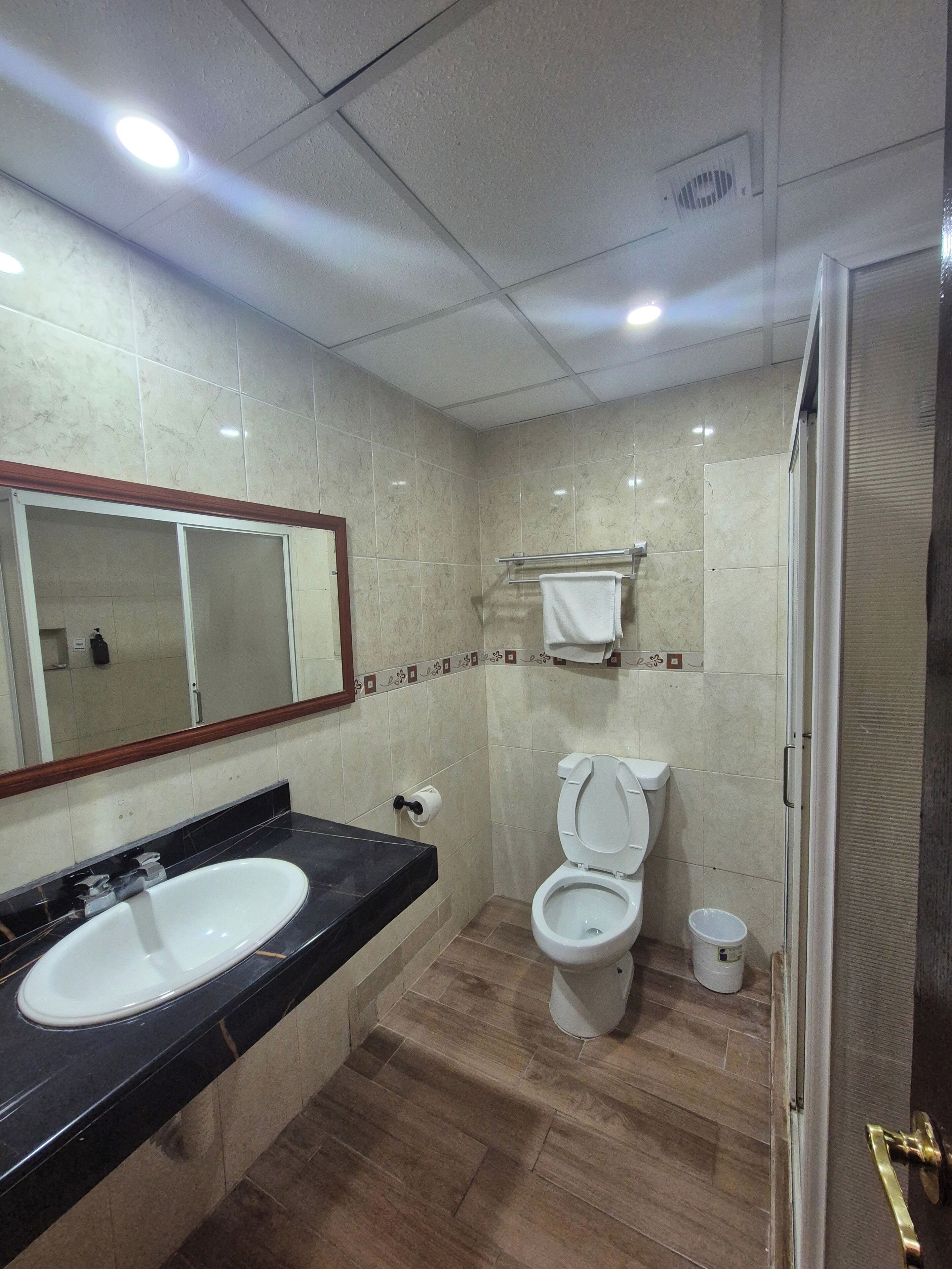 A bathroom with a sink, toilet, and shower area.