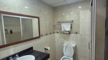 A bathroom with a sink, toilet, and shower area.