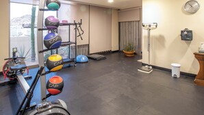 Ett gym med träningsutrustning, en våg och en krukväxt.