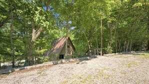 A rustic cabin surrounded by dense trees, with a gravel path leading to it.