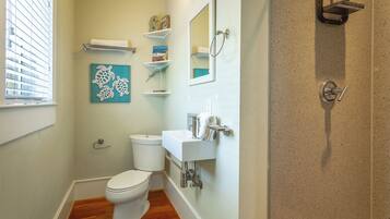 Shower, hair dryer, towels, toilet paper
