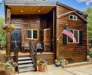 A wooden cabin with a porch, steps, and potted plants.