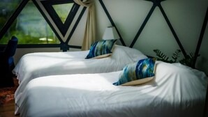 A room with two beds, each with a pillow, a window, and a plant. - Munaya Resort (Marshall)