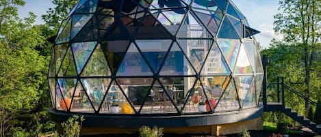 A geodesic dome structure with a transparent roof, surrounded by greenery and a paved walkway.