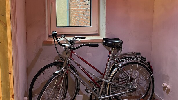 En cykel parkeret indendørs med et vindue over og et trægulv, samt en rød måtte på gulvet.