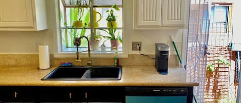 A kitchen with a built-in dishwasher, a coffee maker, and a window with plants.