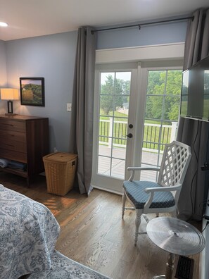 A room with a bed, a chair, a TV, a lamp, a picture on the wall, and a view of the outdoors.