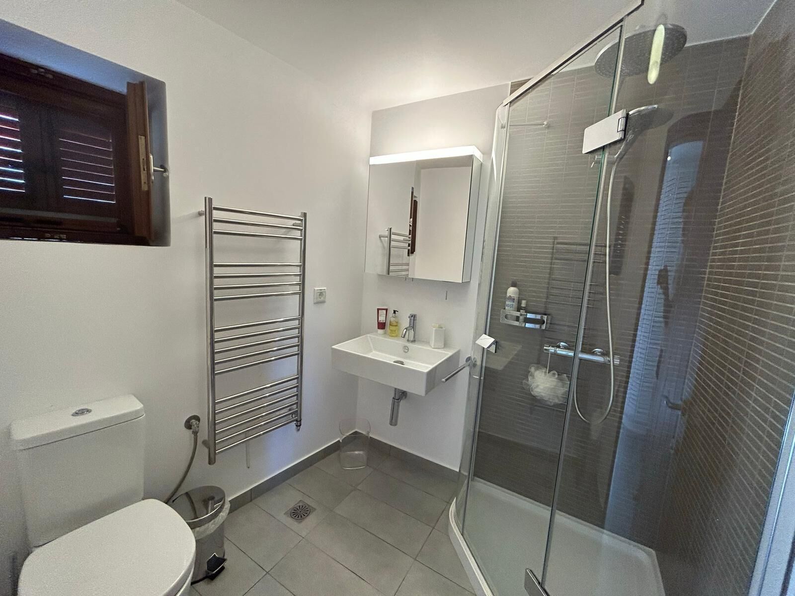 Hair dryer, towels, soap, toilet paper