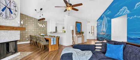 TV, fireplace, foosball, offices