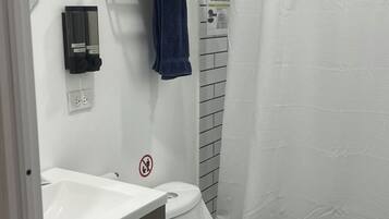 Hair dryer, towels, soap, toilet paper