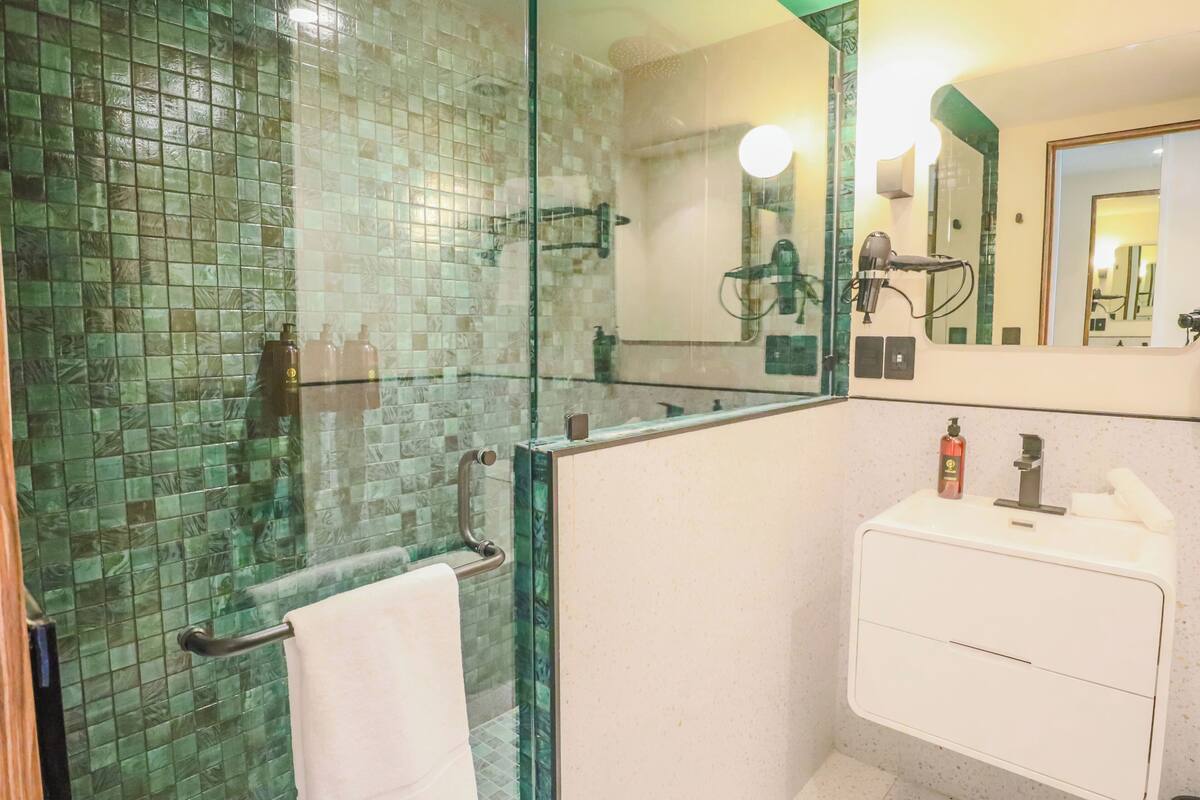 Shower, hair dryer, towels, soap