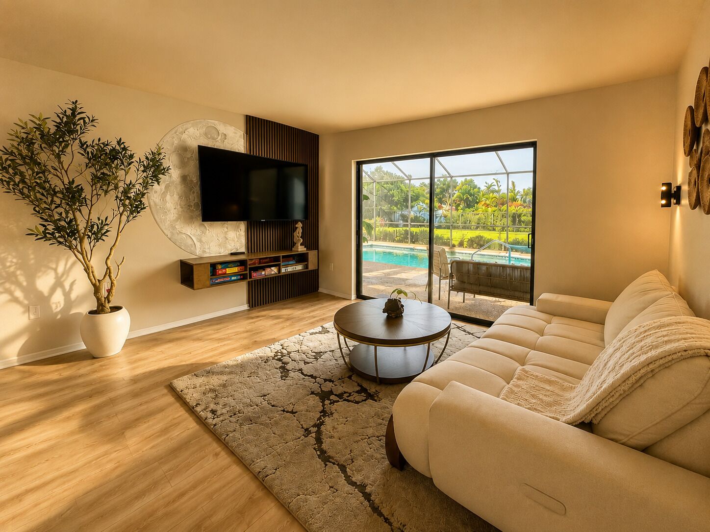 A modern living room with a flat-screen TV, a large potted plant, a sofa, and a view of a swimming pool through large sliding doors.