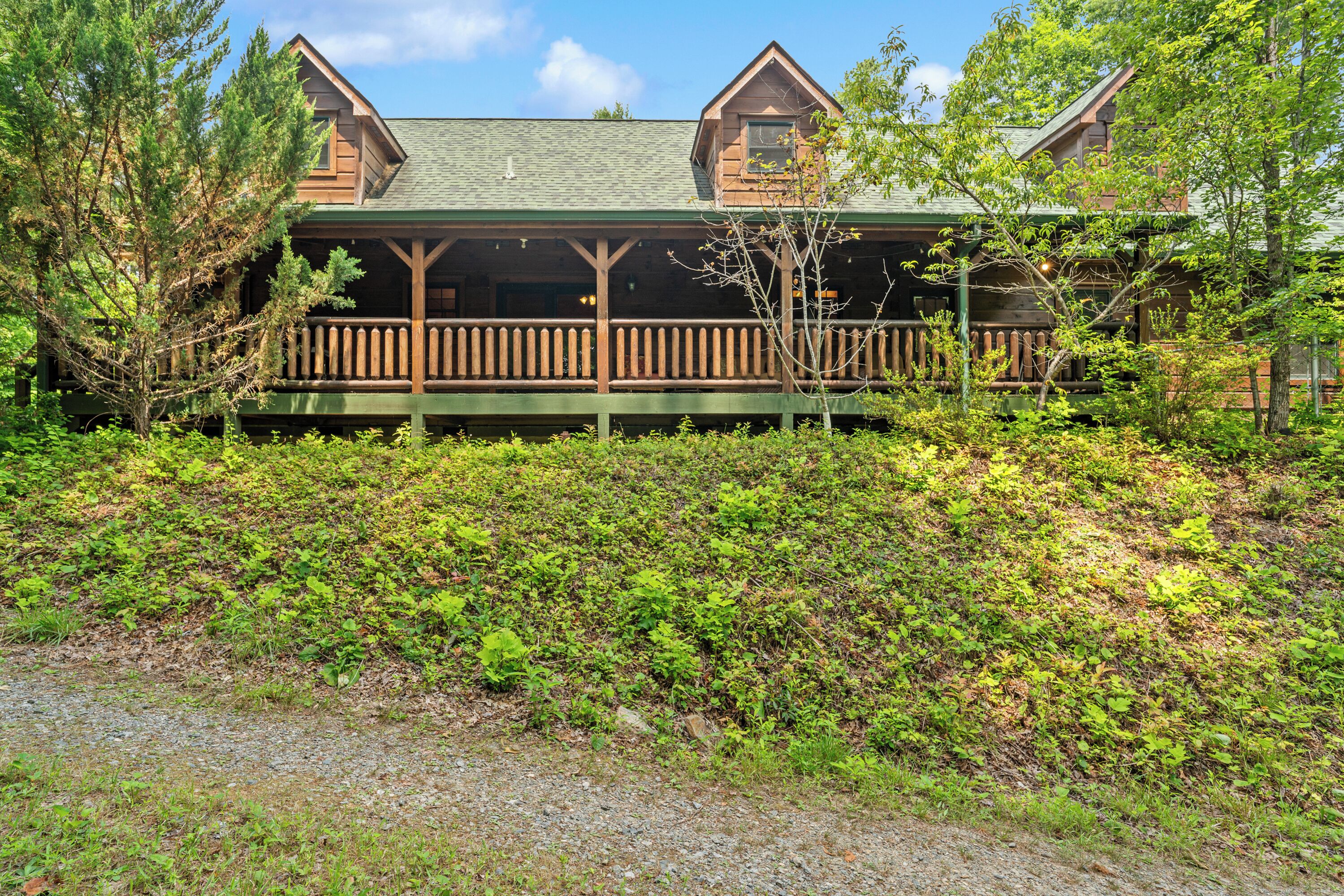 A cabin with a covered porch and a green roof, surrounded by dense vegetation.