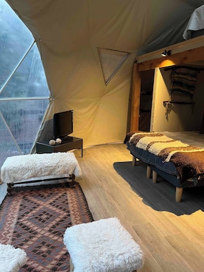 A tented room with a bed, a television, and a patterned rug.