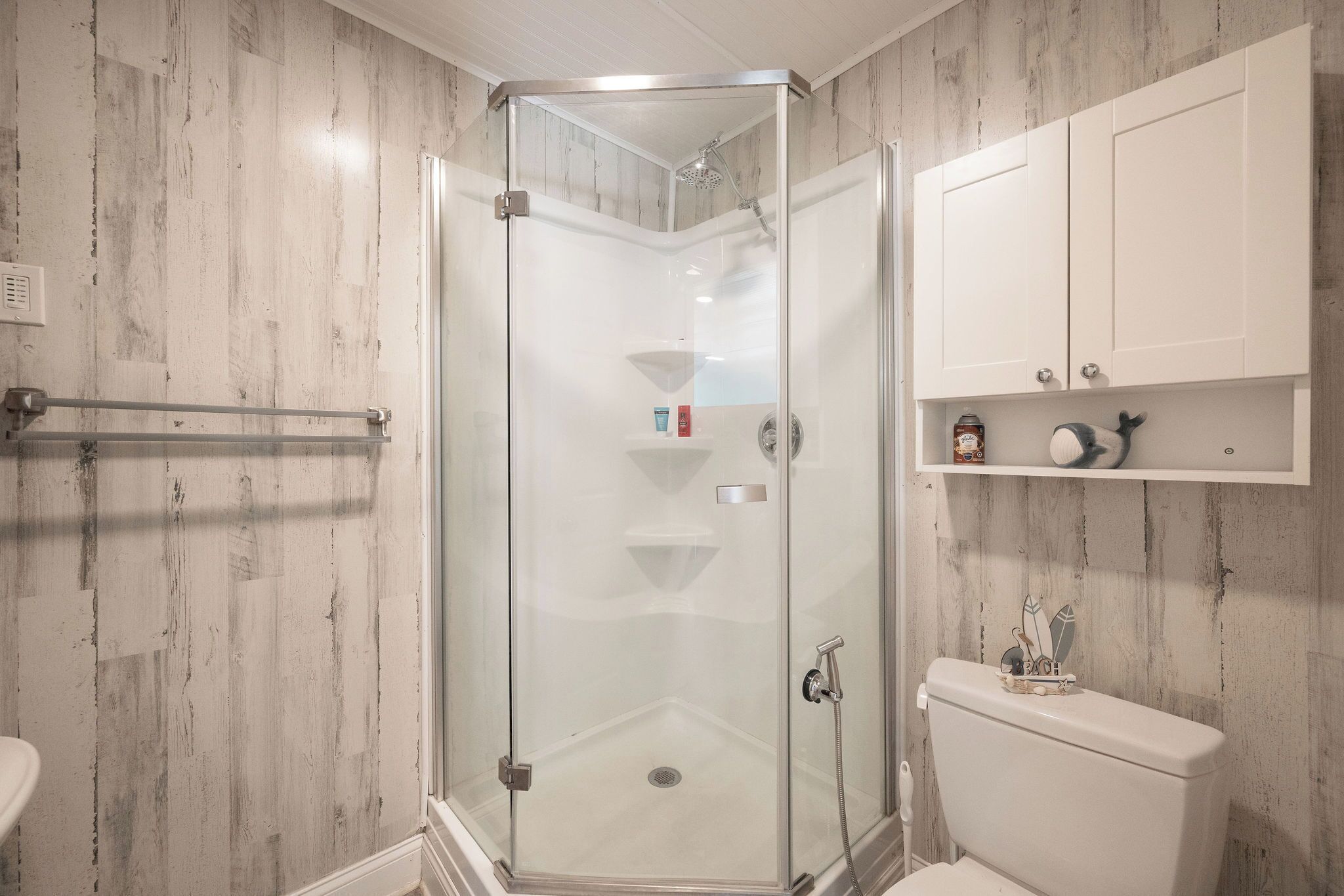 A bathroom with a glass shower enclosure, a toilet, and a shelf with toiletries.