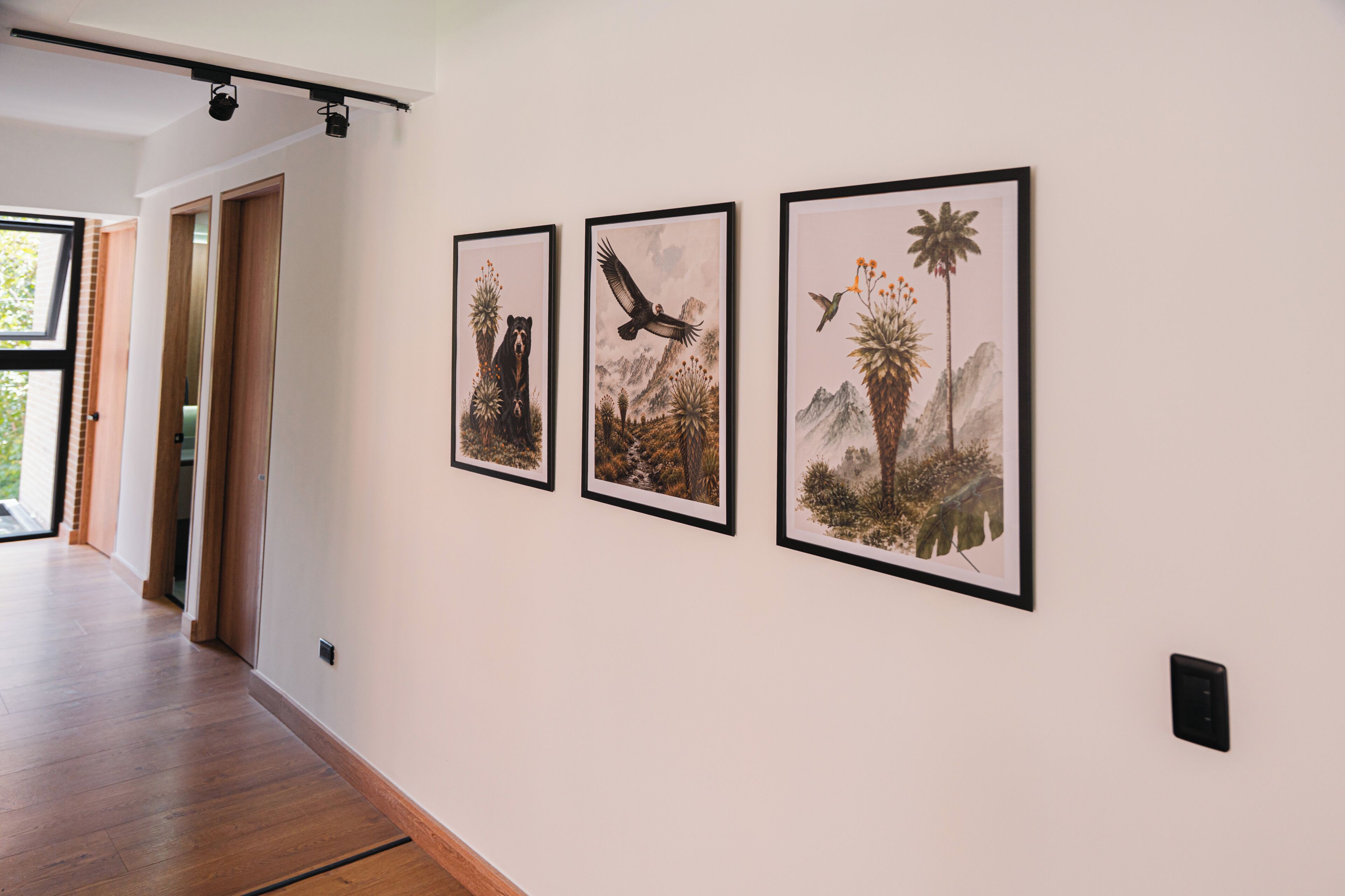 A hallway with three framed artworks on the wall, a wooden floor, and a door leading to another room.