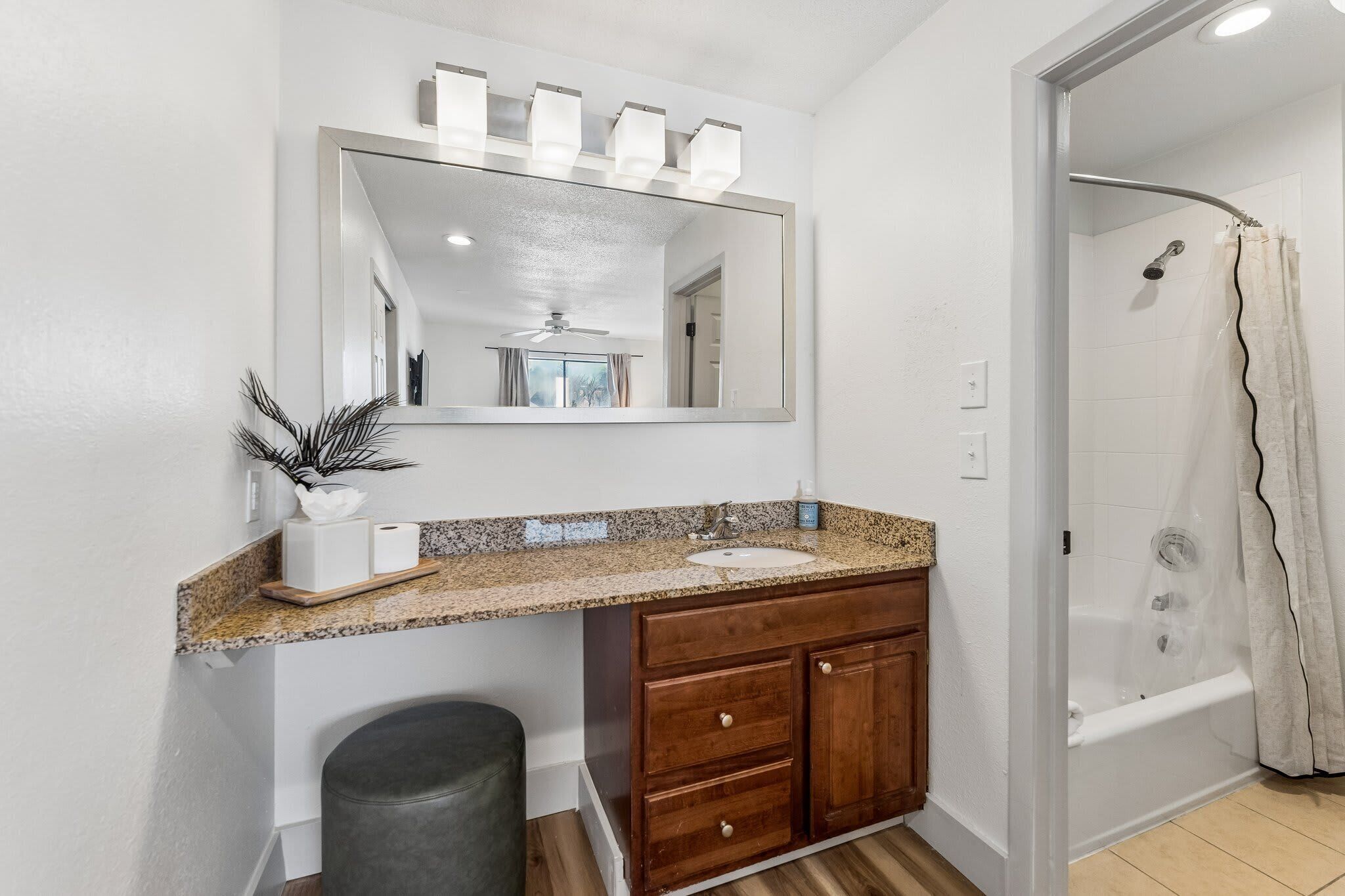 Shower, hair dryer, towels, shampoo