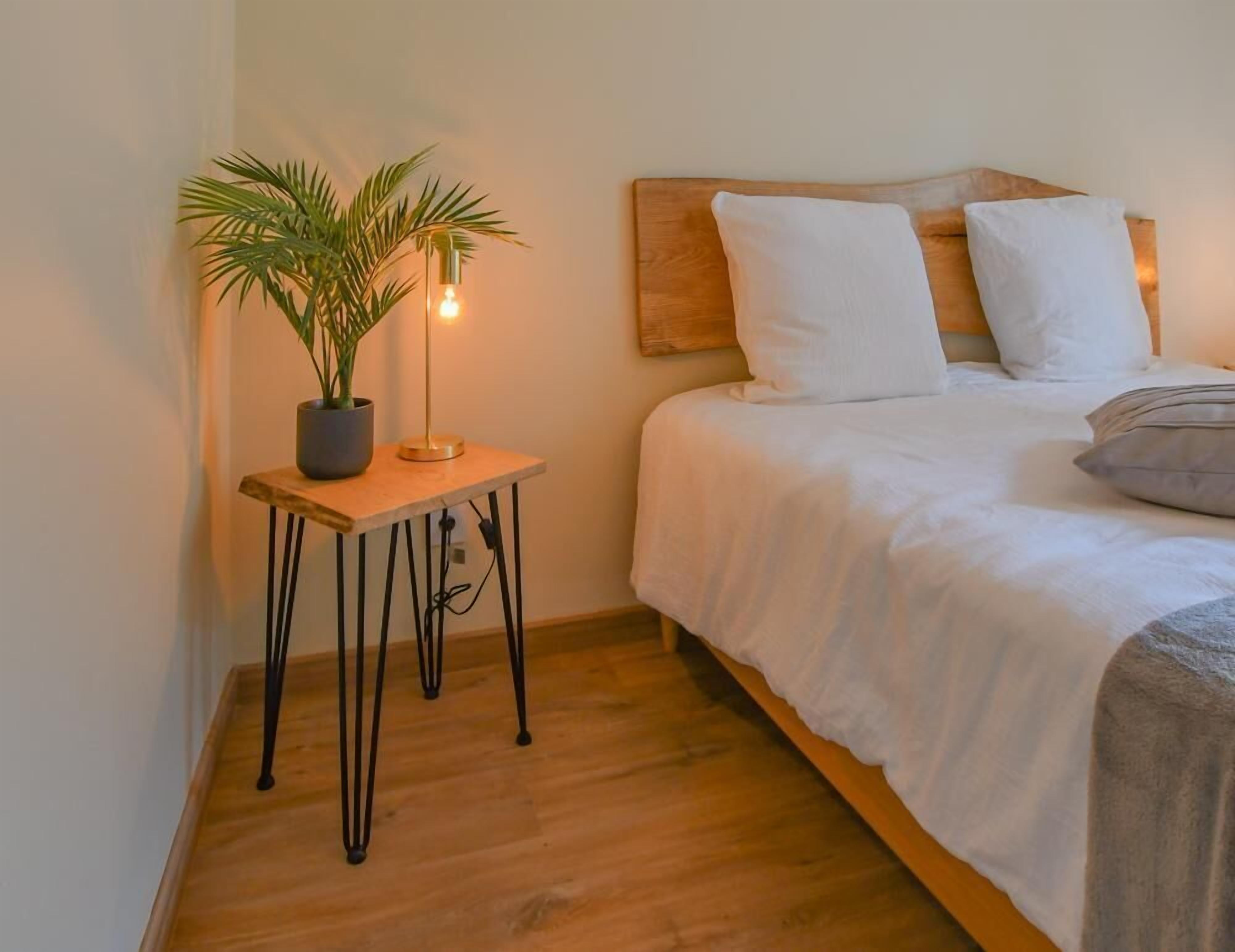 A bedroom with a bed, a bedside table with a lamp, and a potted plant.